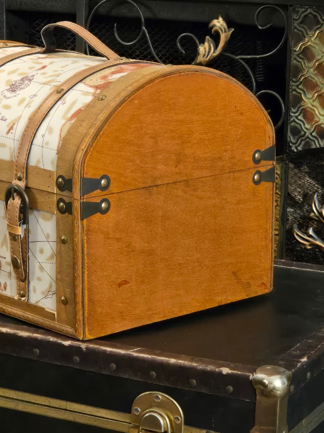 Vintage-Style Wooden Map Chest | Decorative Storage Trunk with Faux Leather Straps