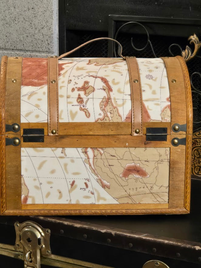 Vintage-Style Wooden Map Chest | Decorative Storage Trunk with Faux Leather Straps
