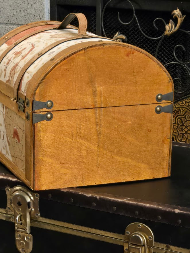 Vintage-Style Wooden Map Chest | Decorative Storage Trunk with Faux Leather Straps