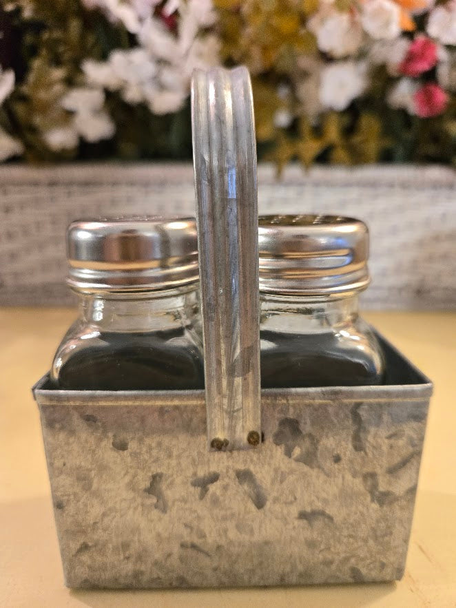 Farmhouse Galvanized Metal Caddy with Glass Salt & Pepper Shakers – Rustic Kitchen Decor