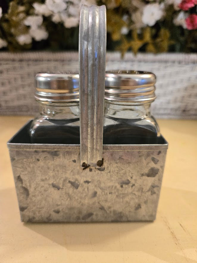 Farmhouse Galvanized Metal Caddy with Glass Salt & Pepper Shakers – Rustic Kitchen Decor