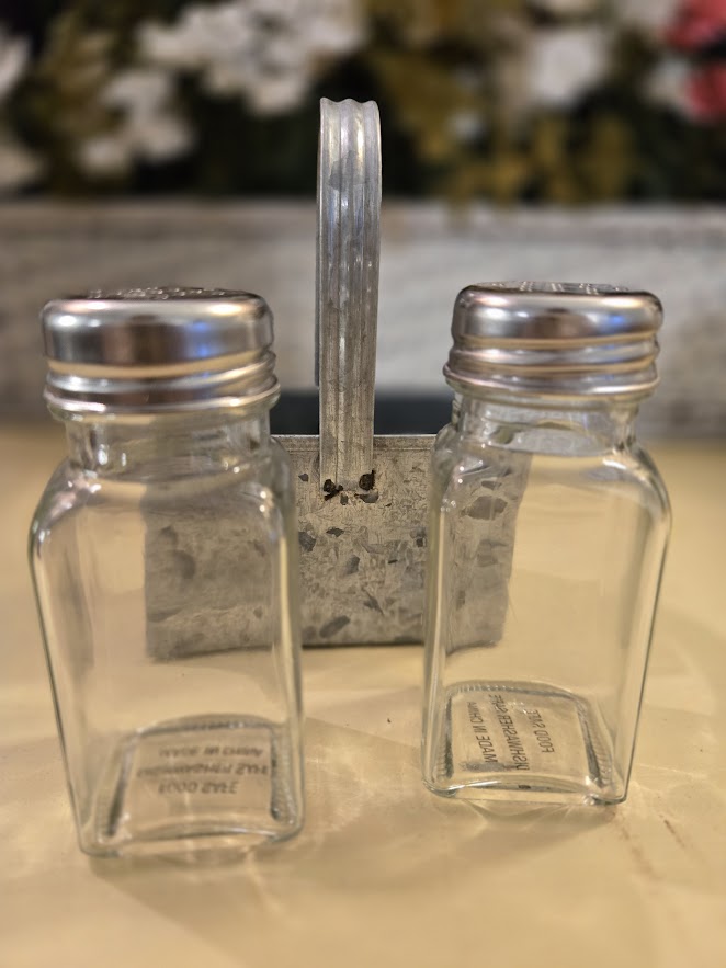 Farmhouse Galvanized Metal Caddy with Glass Salt & Pepper Shakers – Rustic Kitchen Decor