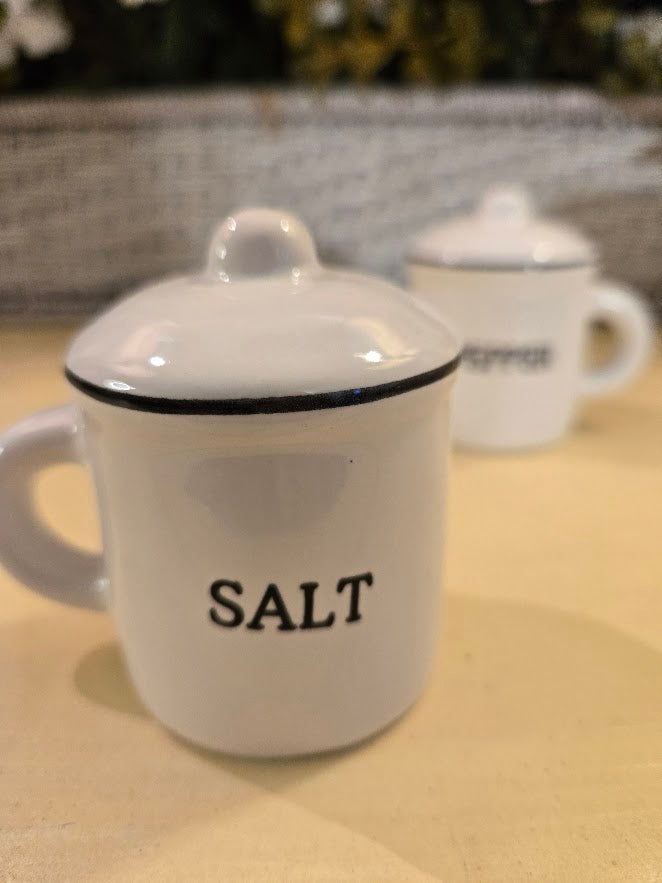 Farmhouse Salt & Pepper Shaker Set with Handles & Lids – Rustic Kitchen Tabletop Décor