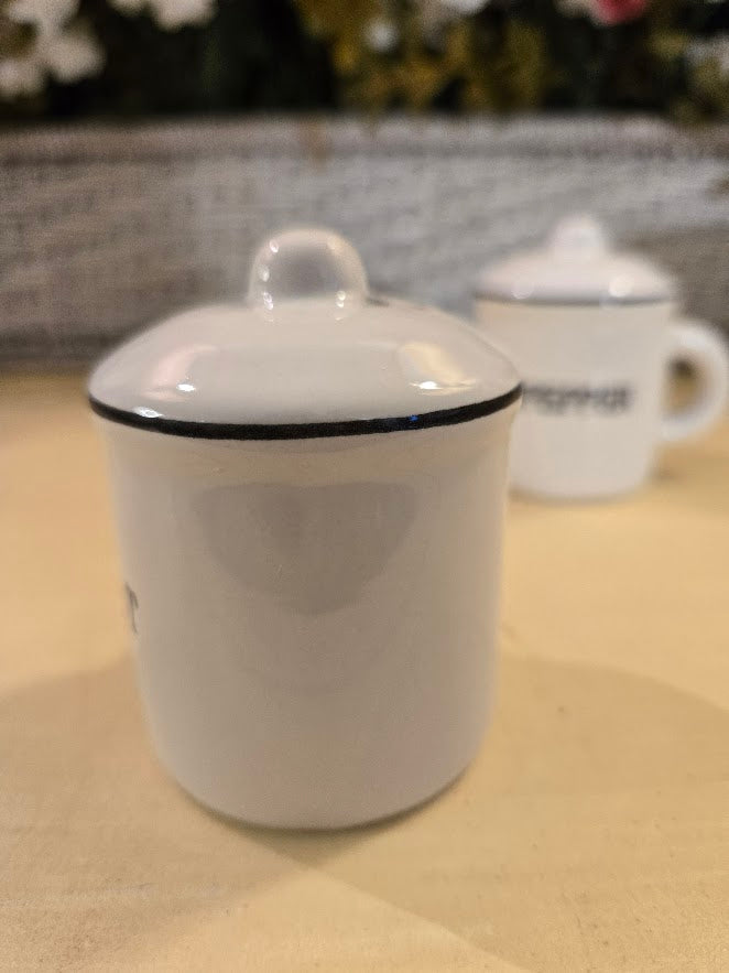 Farmhouse Salt & Pepper Shaker Set with Handles & Lids – Rustic Kitchen Tabletop Décor