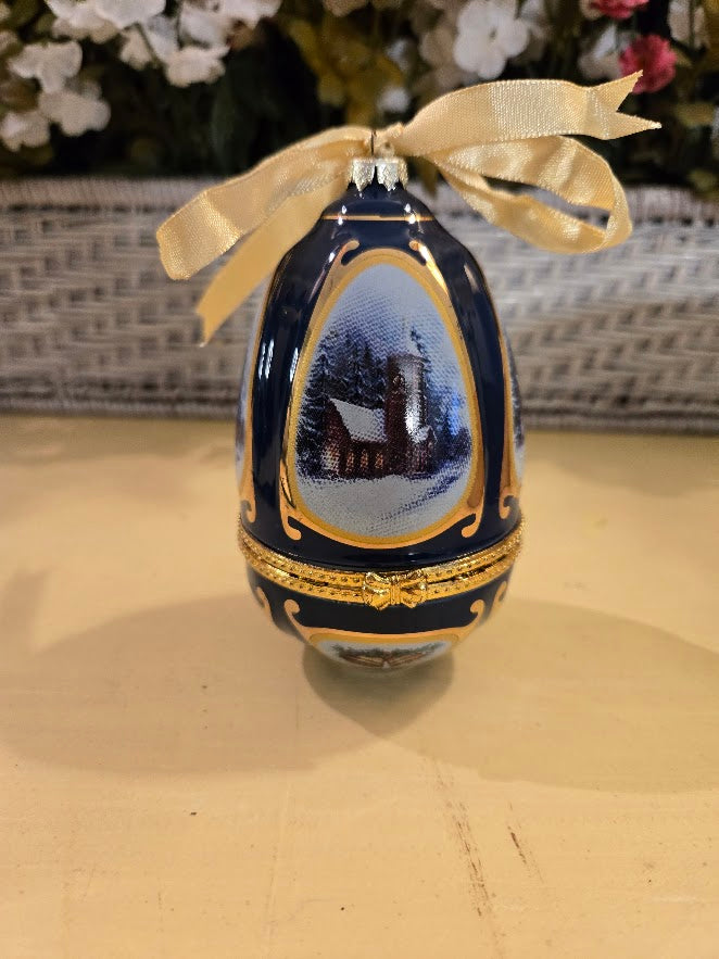 Vintage Porcelain Music Box Egg – Winter Church Scene with Gold Trim & Bow
