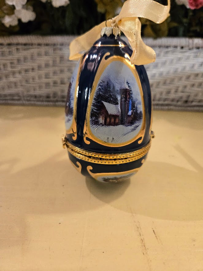 Vintage Porcelain Music Box Egg – Winter Church Scene with Gold Trim & Bow
