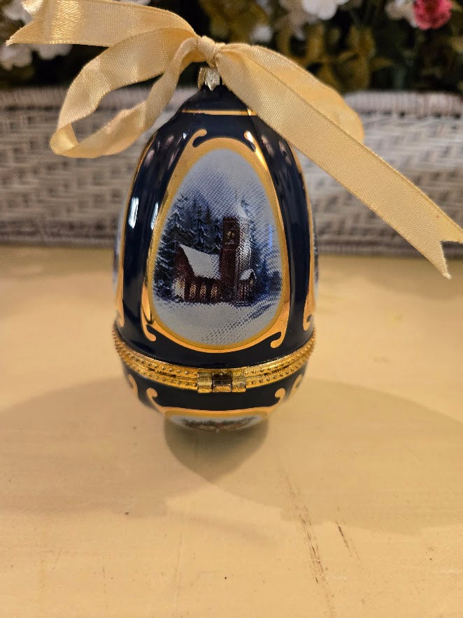 Vintage Porcelain Music Box Egg – Winter Church Scene with Gold Trim & Bow