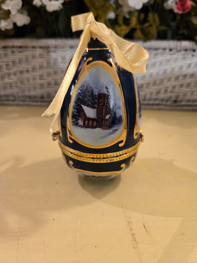 Vintage Porcelain Music Box Egg – Winter Church Scene with Gold Trim & Bow