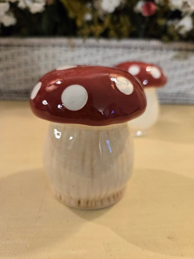 Ceramic Mushroom Salt & Pepper Shaker Set – Red Cap Toadstool Kitchen Decor