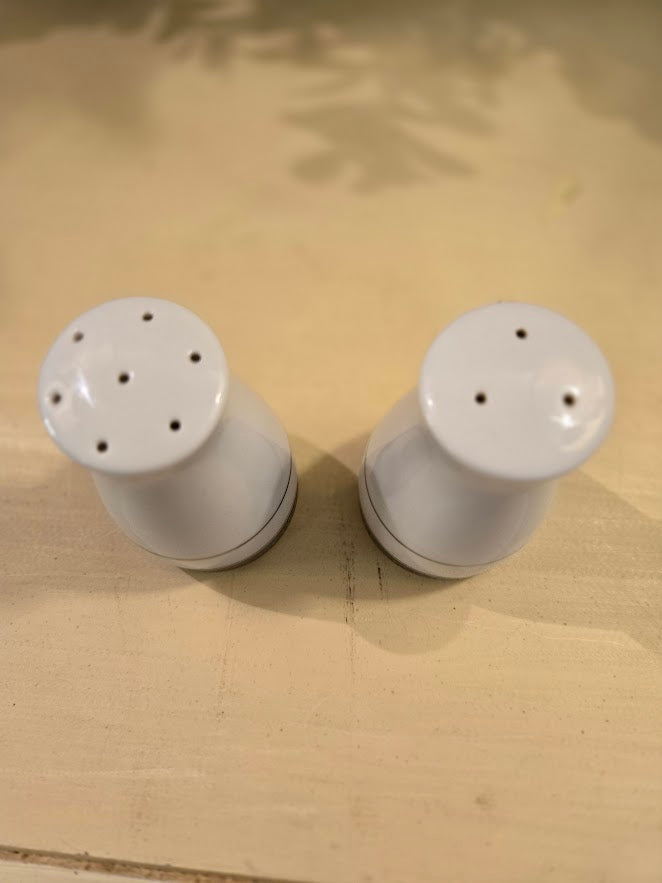 Vintage Noritake Salt and Pepper Shakers – White & Silver Fine China, Circa 1980s