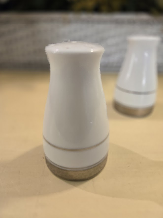 Vintage Noritake Salt and Pepper Shakers – White & Silver Fine China, Circa 1980s