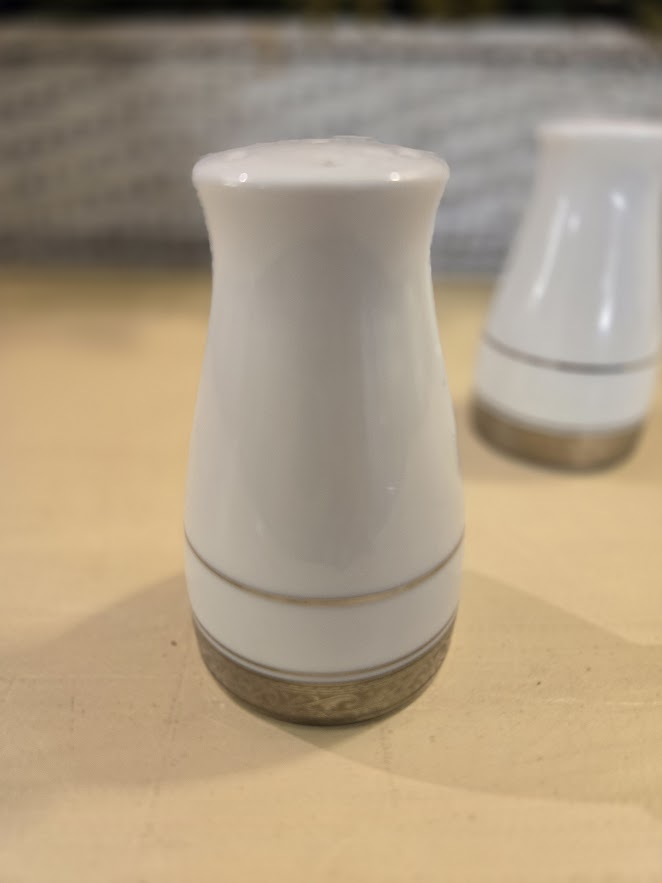 Vintage Noritake Salt and Pepper Shakers – White & Silver Fine China, Circa 1980s
