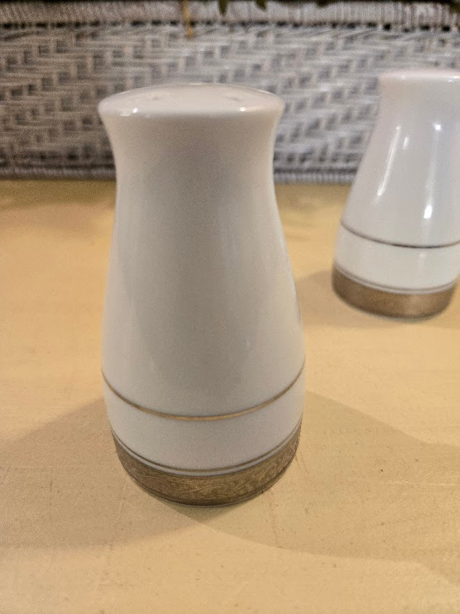 Vintage Noritake Salt and Pepper Shakers – White & Silver Fine China, Circa 1980s