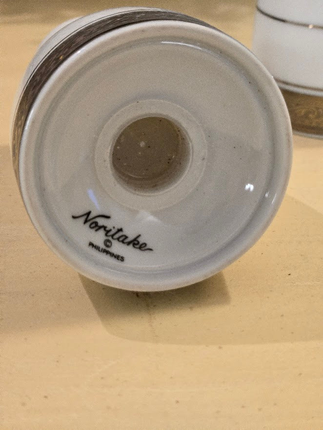 Vintage Noritake Salt and Pepper Shakers – White & Silver Fine China, Circa 1980s