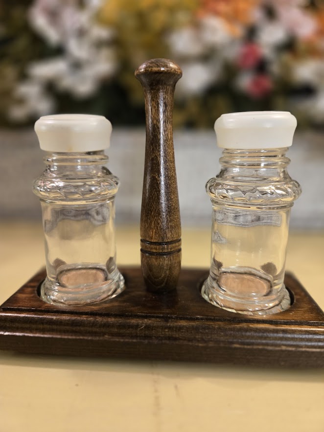 Vintage Glass Salt & Pepper Shakers with Wooden Holder – Rustic Farmhouse Kitchen Set
