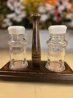 Vintage Glass Salt & Pepper Shakers with Wooden Holder – Rustic Farmhouse Kitchen Set