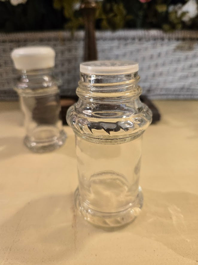 Vintage Glass Salt & Pepper Shakers with Wooden Holder – Rustic Farmhouse Kitchen Set