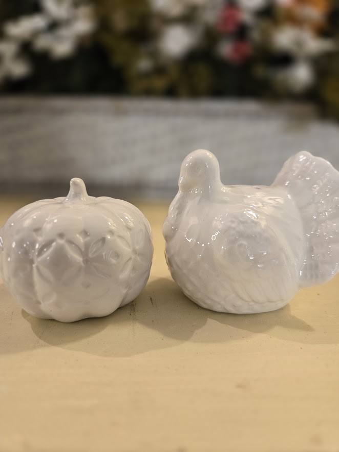 White Ceramic Pumpkin & Turkey Salt and Pepper Shaker Set – Fall Harvest / Thanksgiving Table Décor