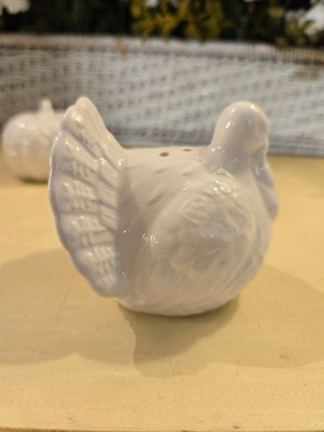 White Ceramic Pumpkin & Turkey Salt and Pepper Shaker Set – Fall Harvest / Thanksgiving Table Décor