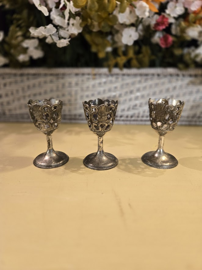 Vintage Leonard Silver-Plated Ornate Cordial / Liquor Glasses – Set of 3 (1970s) (No Inserts)