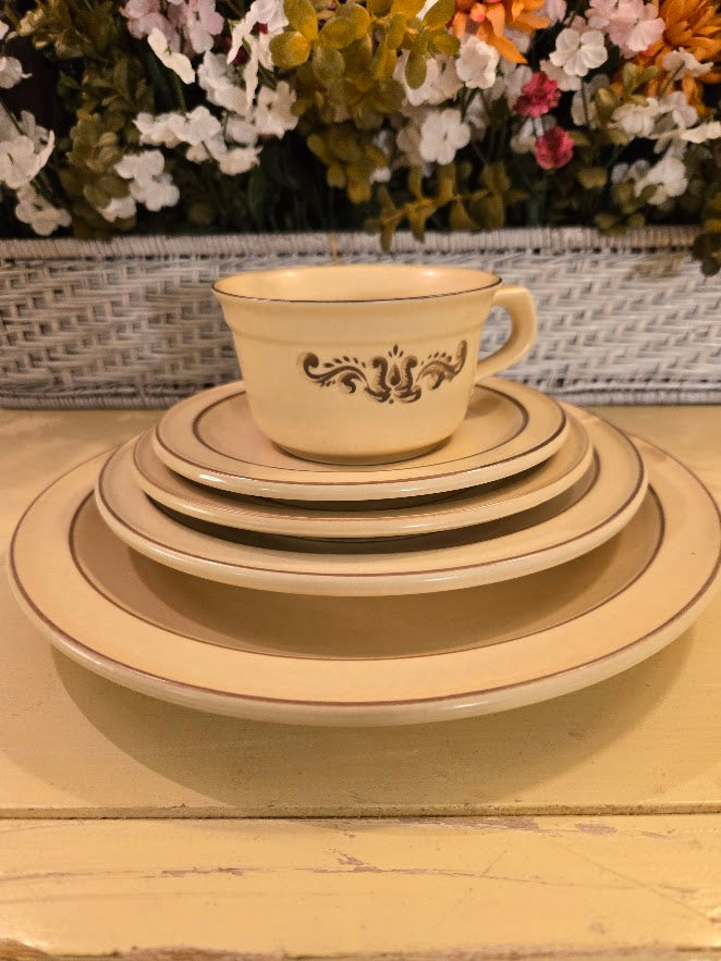 Vintage 1970s Cream & Brown Floral Stoneware Dinnerware Set – Plates, Cups & Saucers