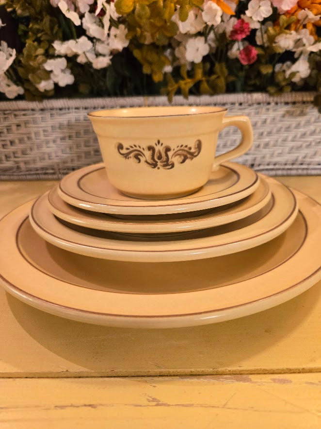 Vintage 1970s Cream & Brown Floral Stoneware Dinnerware Set – Plates, Cups & Saucers