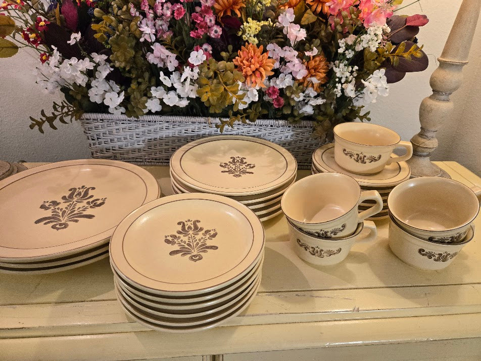Vintage 1970s Cream & Brown Floral Stoneware Dinnerware Set – Plates, Cups & Saucers