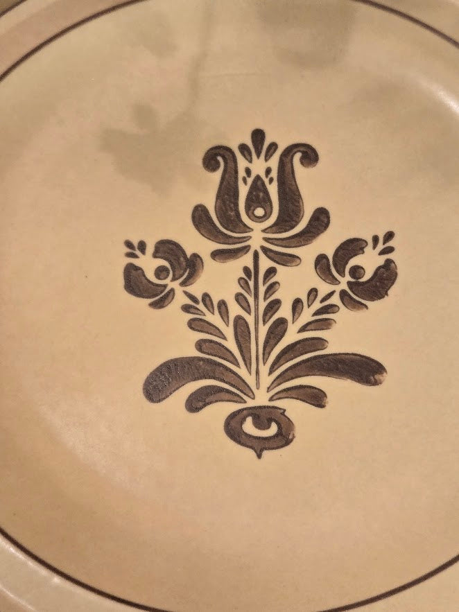 Vintage 1970s Cream & Brown Floral Stoneware Dinnerware Set – Plates, Cups & Saucers