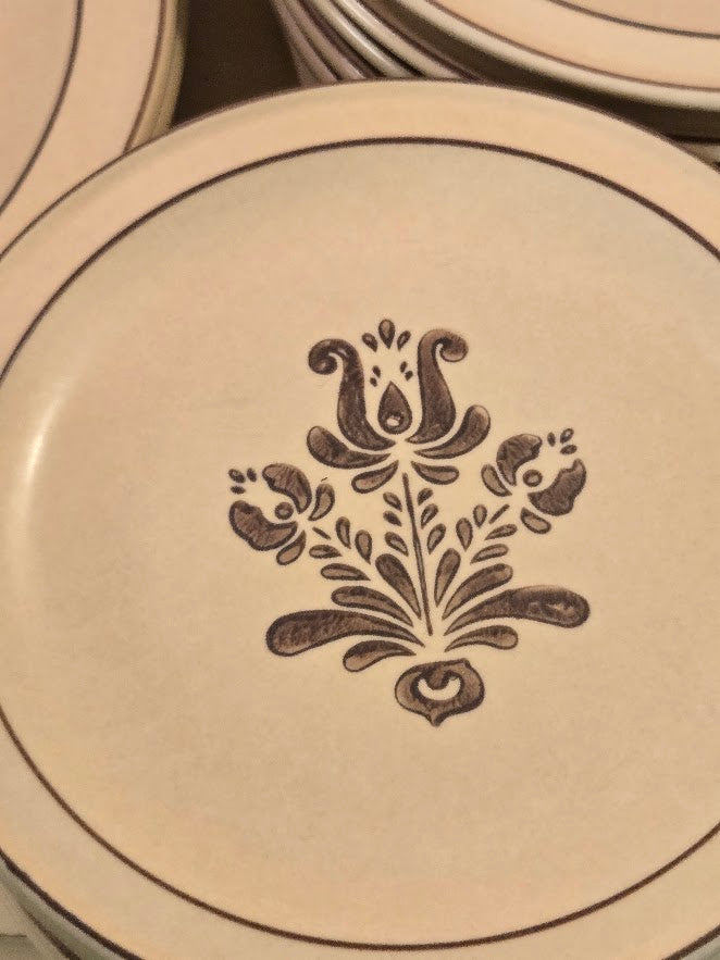 Vintage 1970s Cream & Brown Floral Stoneware Dinnerware Set – Plates, Cups & Saucers