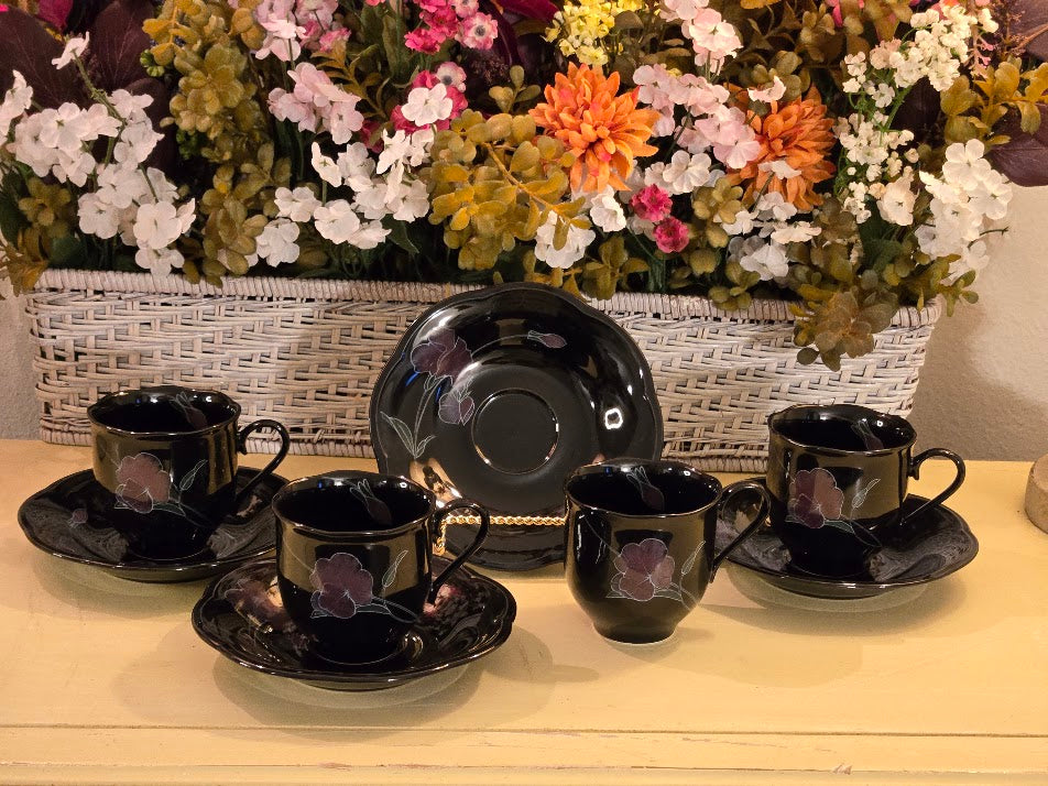 Vintage Mikasa Rondo EJ 702 Tango Black Floral Teacup & Saucer Set of 4 – Made in Japan