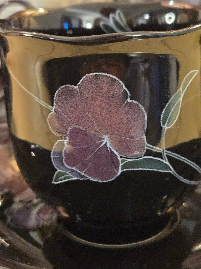 Vintage Mikasa Rondo EJ 702 Tango Black Floral Teacup & Saucer Set of 4 – Made in Japan