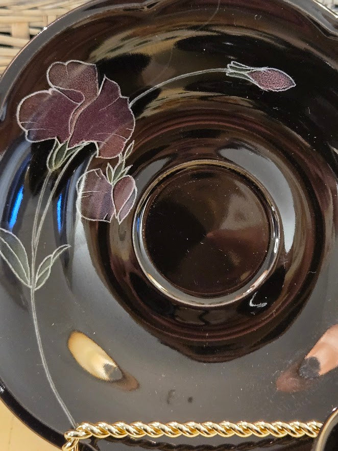 Vintage Mikasa Rondo EJ 702 Tango Black Floral Teacup & Saucer Set of 4 – Made in Japan