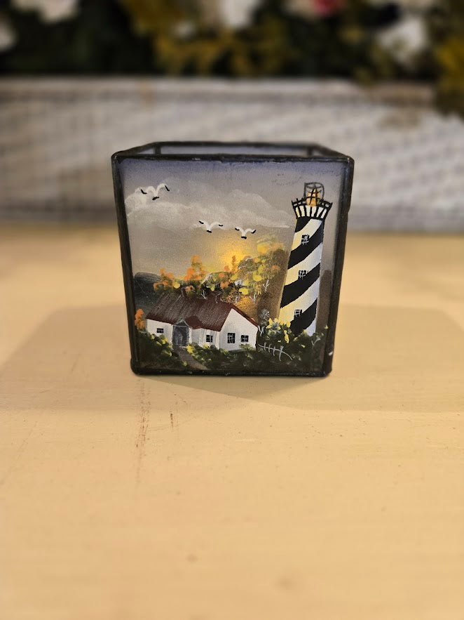 Hand-Painted Lighthouse Glass Candle Holder – Nautical Coastal Tealight Décor