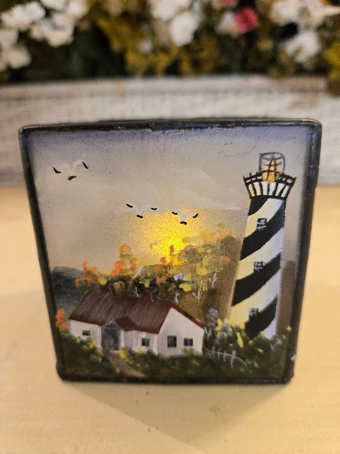 Hand-Painted Lighthouse Glass Candle Holder – Nautical Coastal Tealight Décor