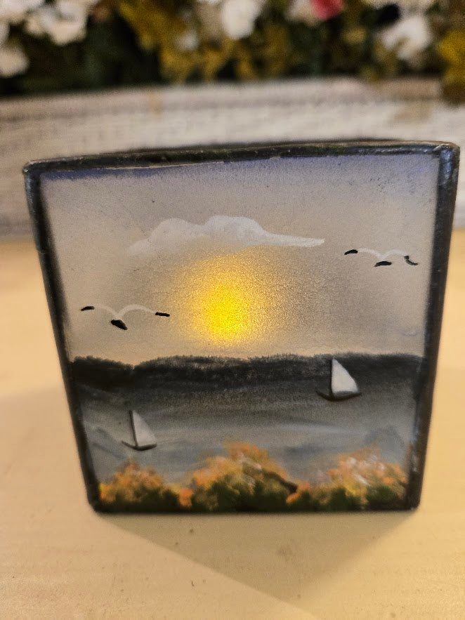 Hand-Painted Lighthouse Glass Candle Holder – Nautical Coastal Tealight Décor
