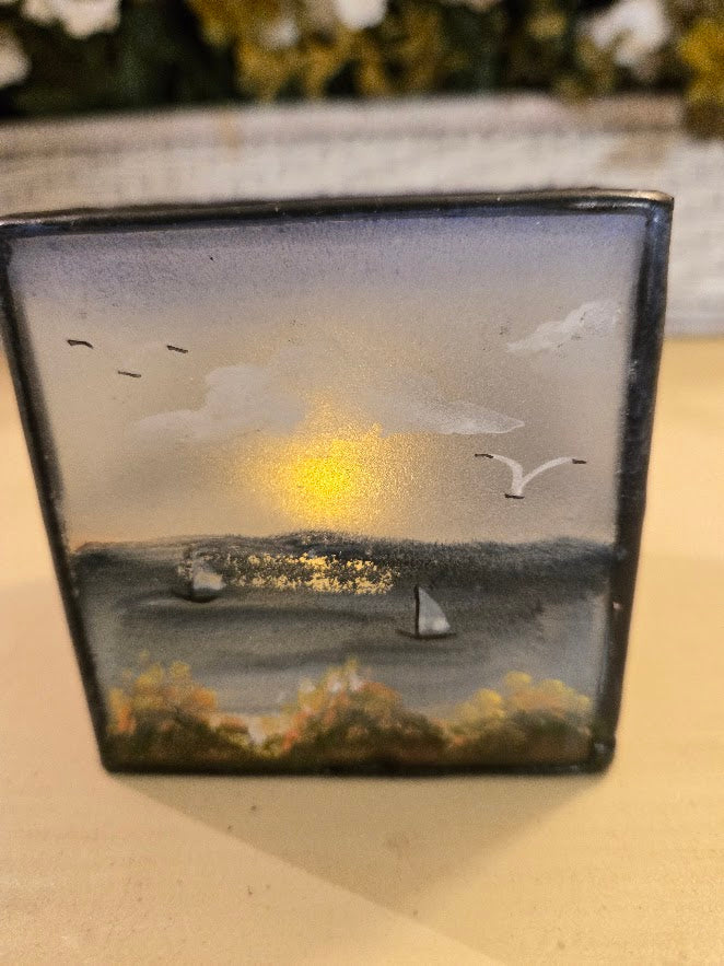 Hand-Painted Lighthouse Glass Candle Holder – Nautical Coastal Tealight Décor