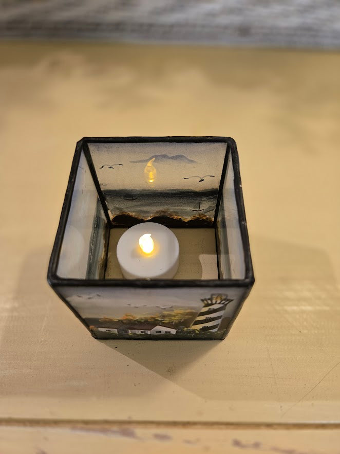 Hand-Painted Lighthouse Glass Candle Holder – Nautical Coastal Tealight Décor