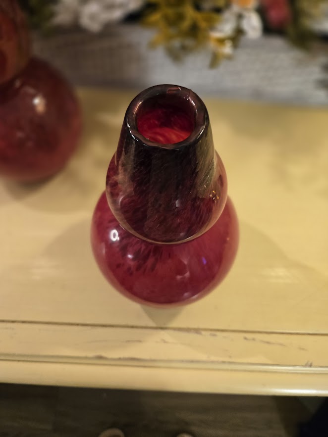 Vintage Ruby Red Blown Glass Double-Gourd Vases – Set of 2