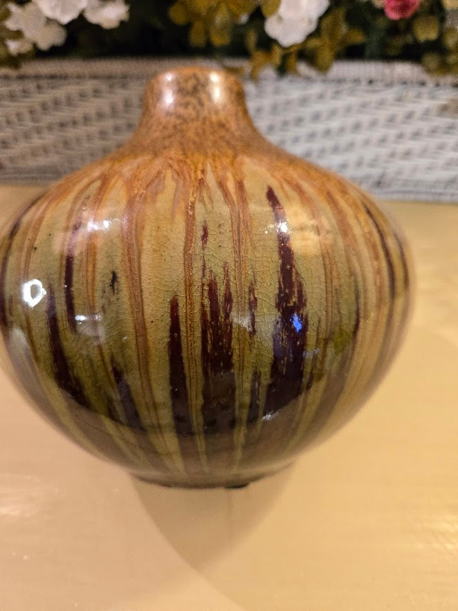 Vintage Studio Art Pottery Vase – Drip Glaze Brown & Gold Tones