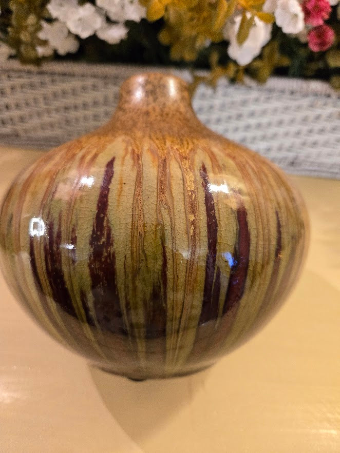 Vintage Studio Art Pottery Vase – Drip Glaze Brown & Gold Tones