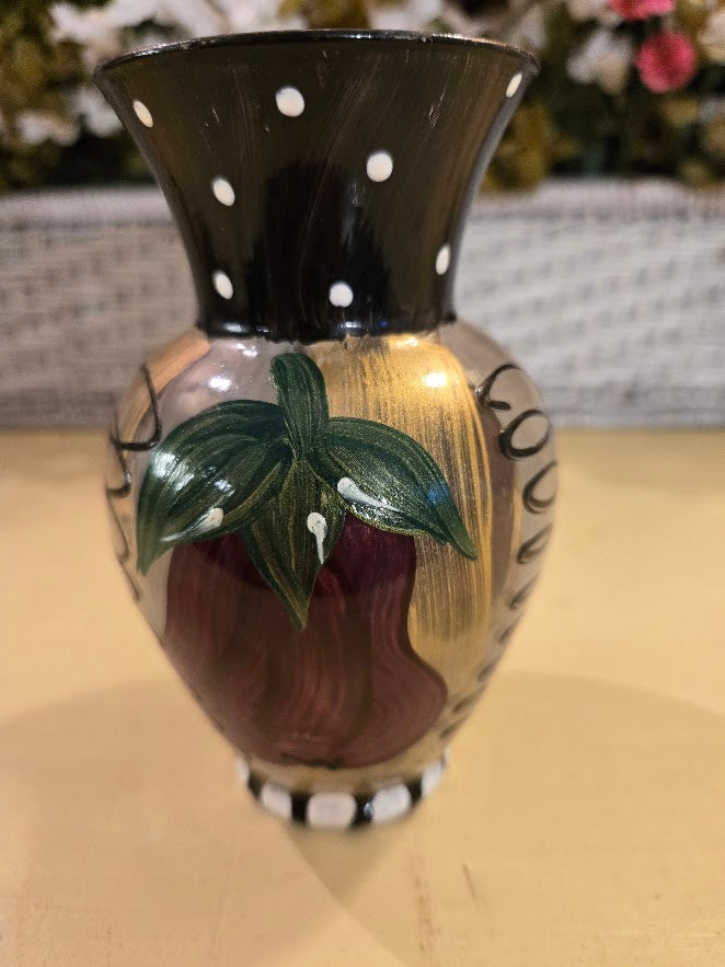 Vintage Hand-Painted Miniature Vase – Allison Daniel Designs – Eggplant & Polka Dot Pattern