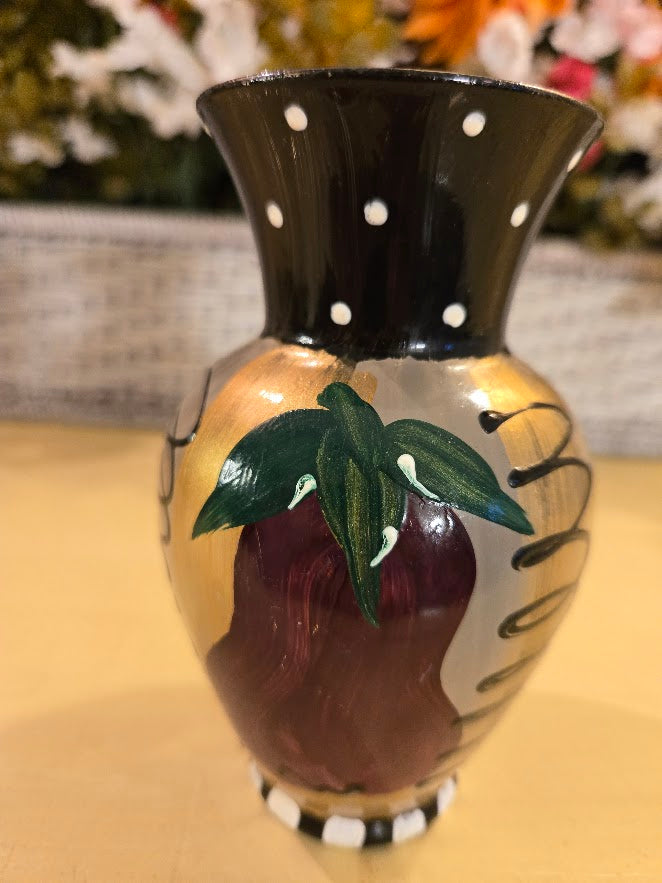 Vintage Hand-Painted Miniature Vase – Allison Daniel Designs – Eggplant & Polka Dot Pattern