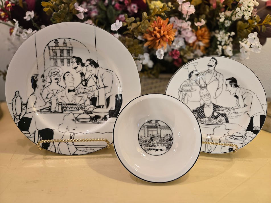 Epoch Collection “Le Restaurant” Dinnerware – Vintage Cartoon Restaurant Scene Plates & Bowls