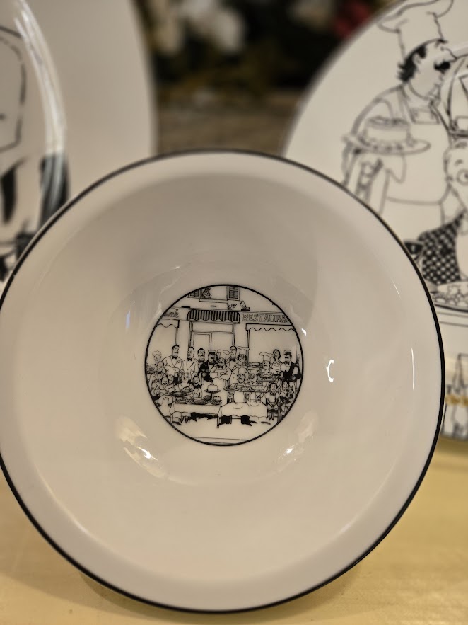 Epoch Collection “Le Restaurant” Dinnerware – Vintage Cartoon Restaurant Scene Plates & Bowls