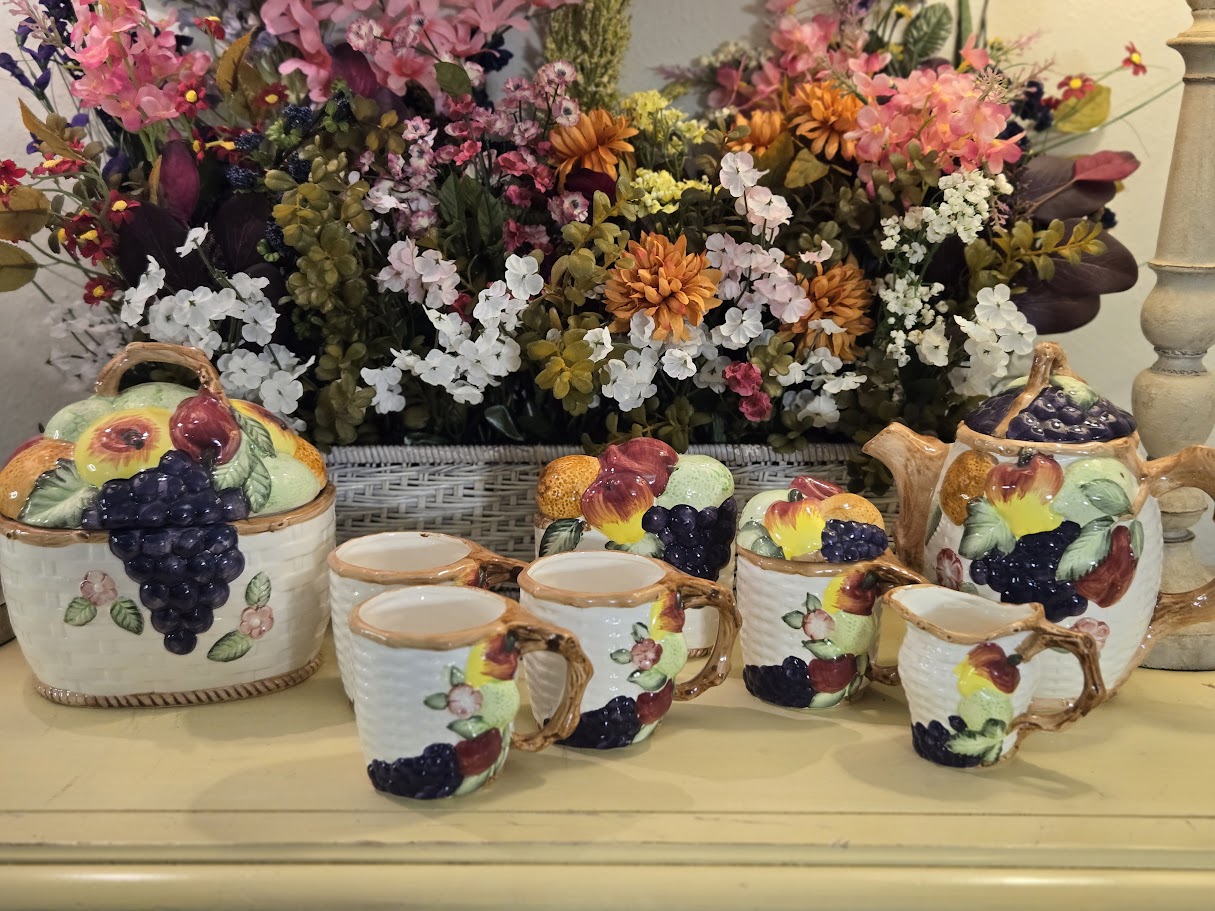 Vintage Hand-Painted Fruit Ceramic Tea Set – 11 Pieces
