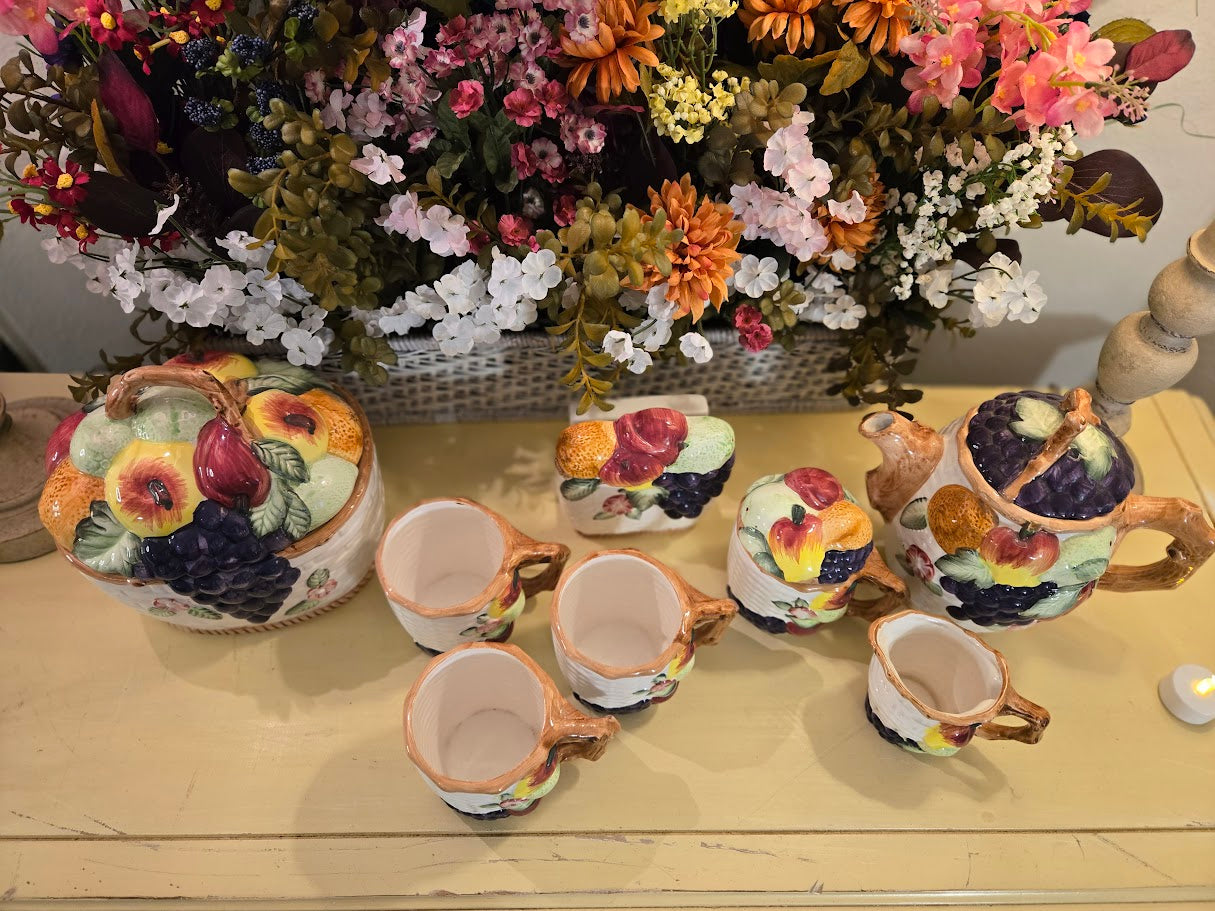 Vintage Hand-Painted Fruit Ceramic Tea Set – 11 Pieces