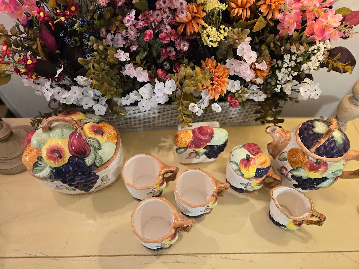 Vintage Hand-Painted Fruit Ceramic Tea Set – 11 Pieces