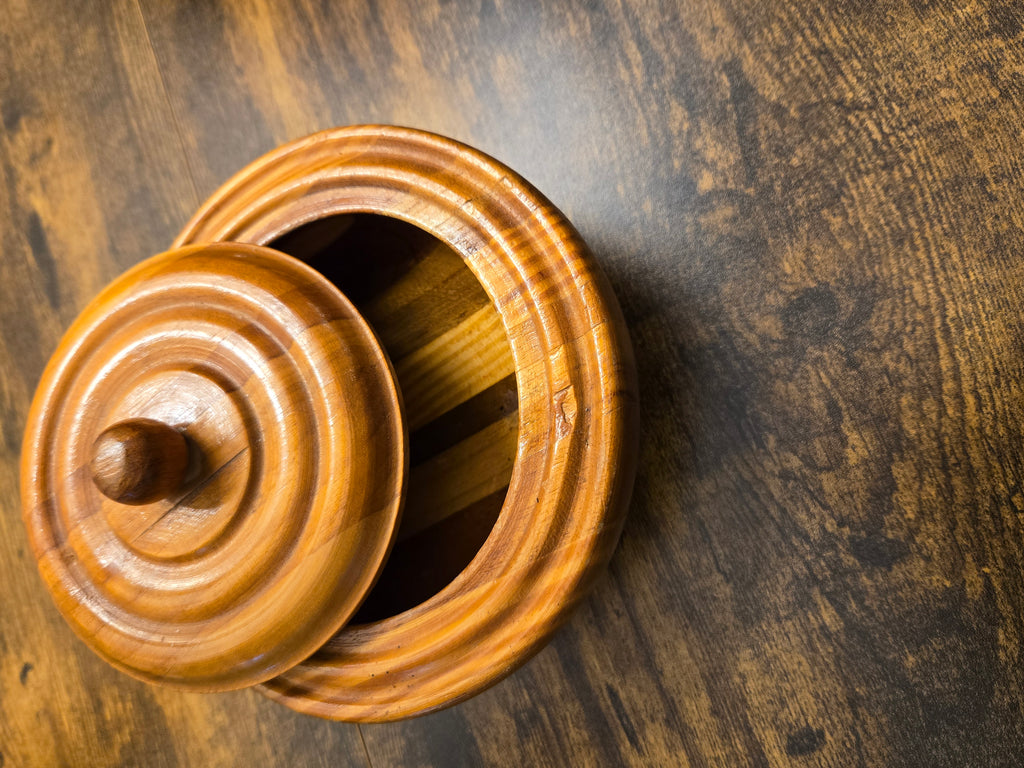 Vintage Striped Wooden Serving Bowl – Handcrafted Mid-Century Modern Kitchenware