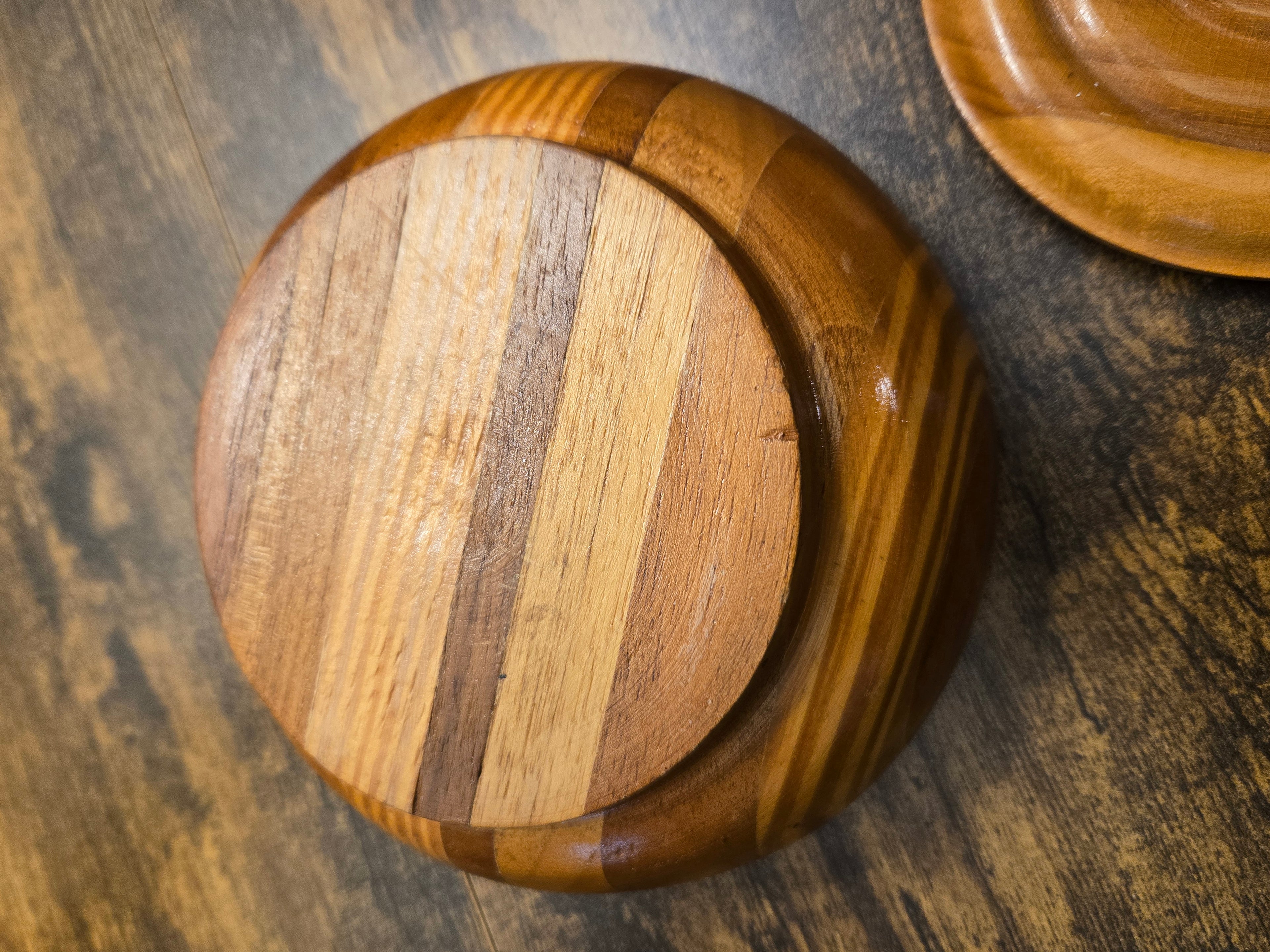 Vintage Striped Wooden Serving Bowl – Handcrafted Mid-Century Modern Kitchenware