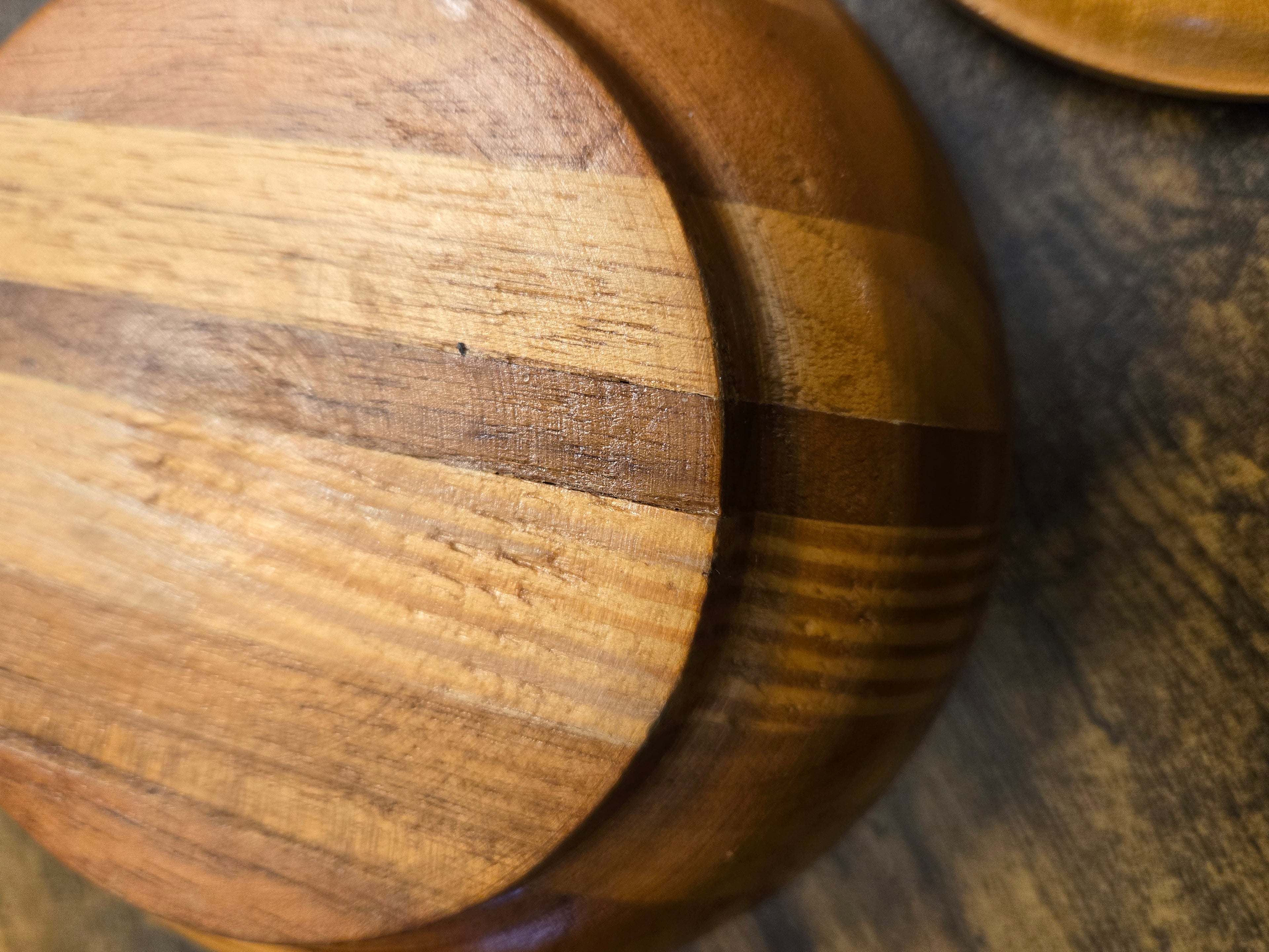 Vintage Striped Wooden Serving Bowl – Handcrafted Mid-Century Modern Kitchenware